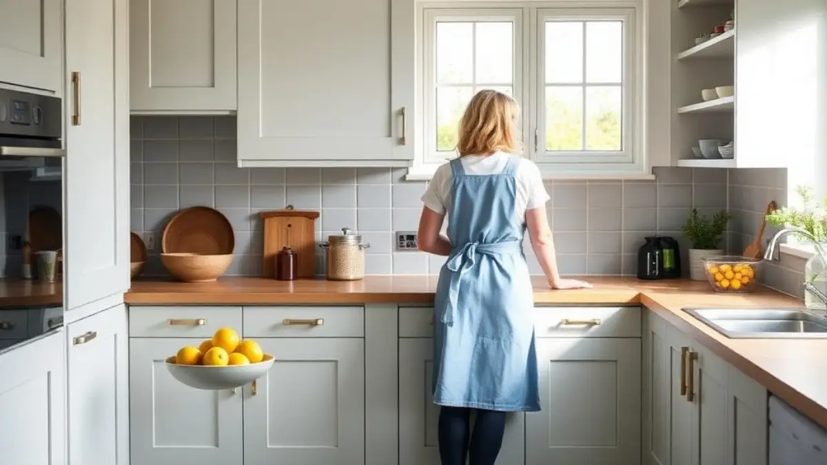 Cleaner restocking a Hertfordshire kitchen worktop in morning light