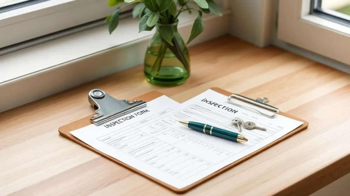 Inspection clipboard, fountain pen and house keys on a light oak worktop
